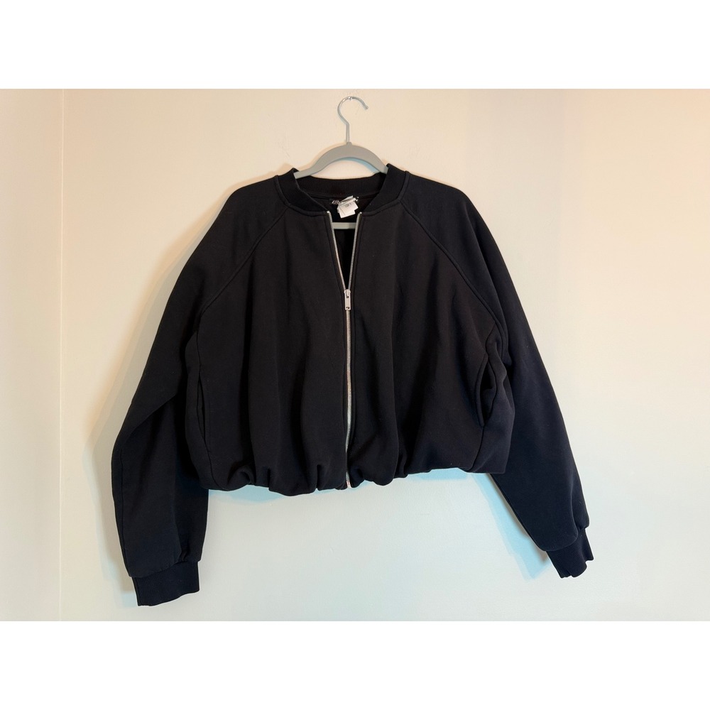 Zara black oversize bomber jacket with silver zipper size large